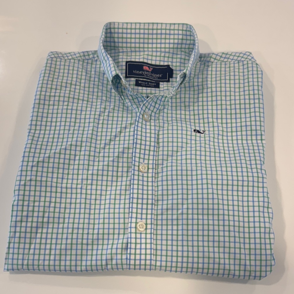Vineyard Vines Blue and Green Plaid Whale Shirt size M (12-14)